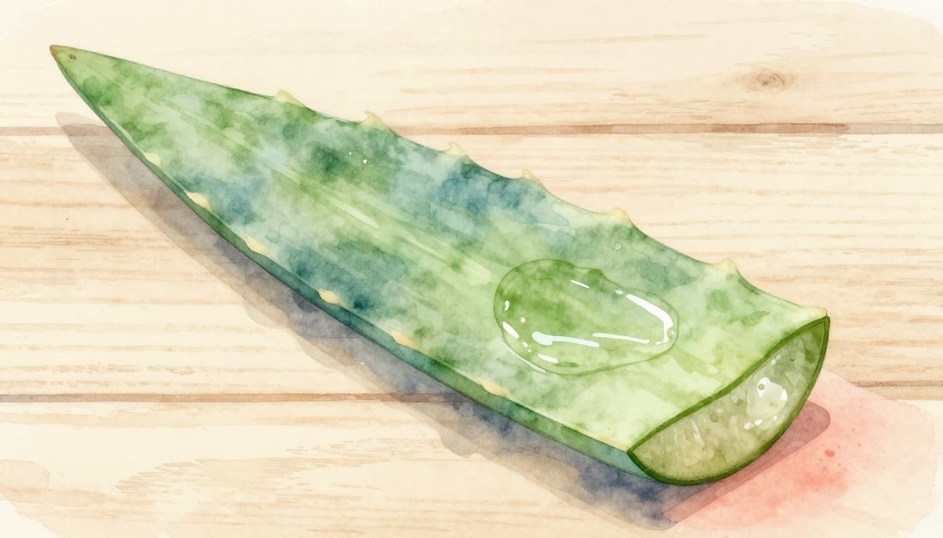 Fresh aloe vera leaf cut open with clear gel oozing out, applied to red sunburned forearm skin in a serene watercolor style.