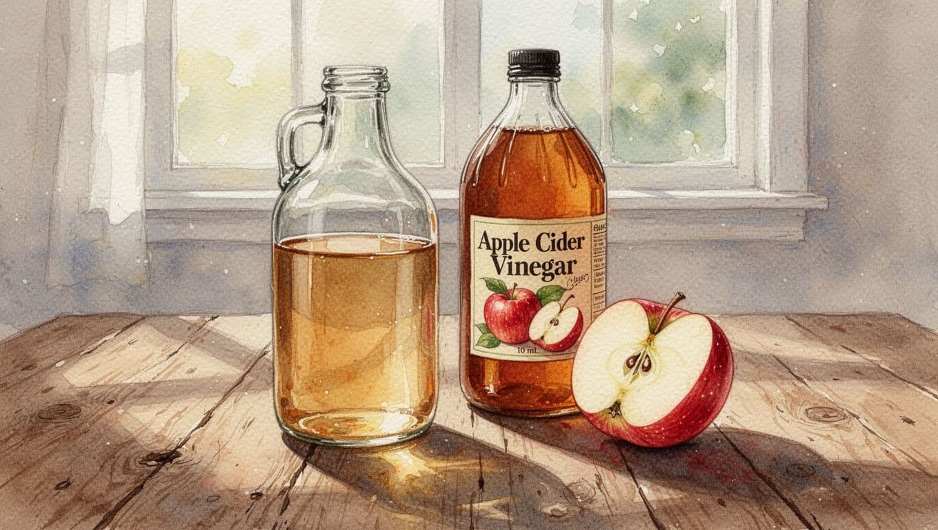 Watercolor illustration of a glass bottle with diluted apple cider vinegar solution, an apple cider vinegar bottle, and a fresh apple on a rustic wooden table under natural daylight with soft warm lighting and visible brush textures.
