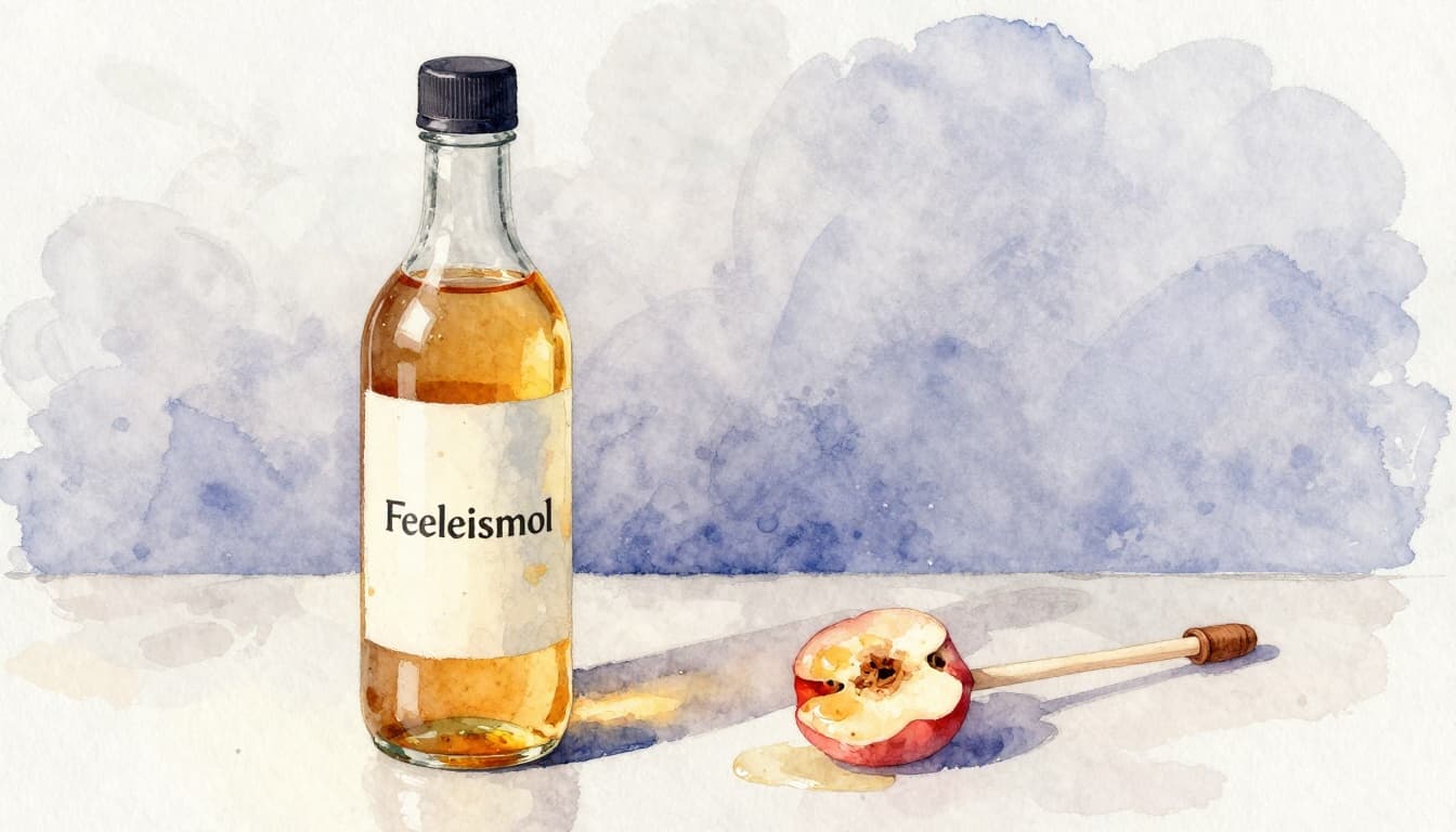 Watercolor illustration showing a bottle of diluted apple cider vinegar as a hair rinse next to freshly washed hair with drops on the scalp, in a simple bathroom scene with a hairbrush, soft pastel palette and serene lighting.