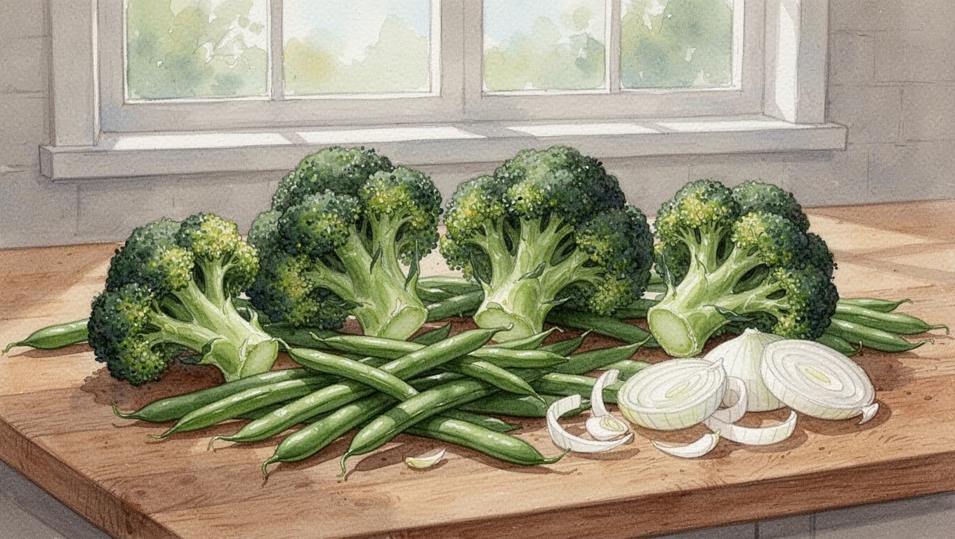 Fresh vegetables like broccoli, beans, and onions on a kitchen counter, some sliced, in natural daylight and watercolor style with soft blending and earthy palette, focusing on bloating triggers.