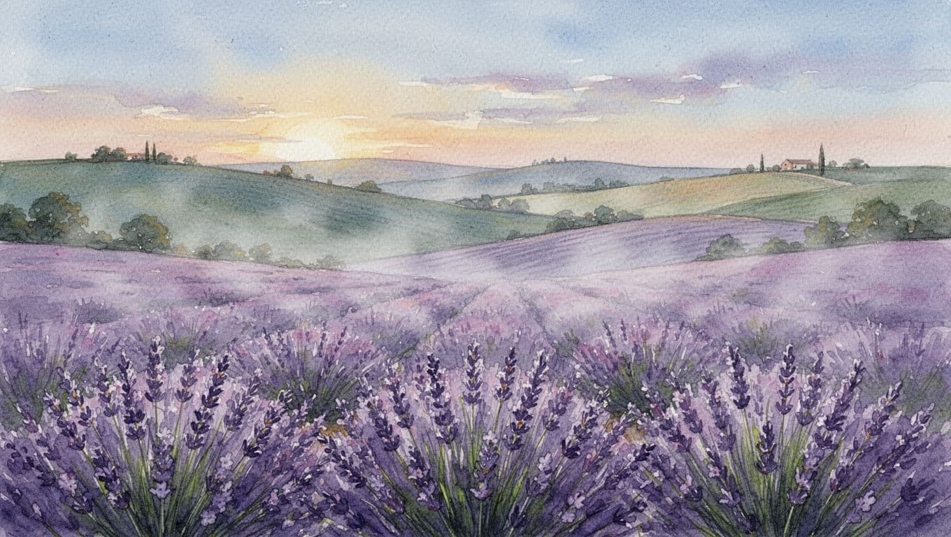 A serene watercolor painting of a blooming lavender field in soft rolling hills under a gentle evening sky with light mist, featuring pastel tones of purple, green, and sky blue.