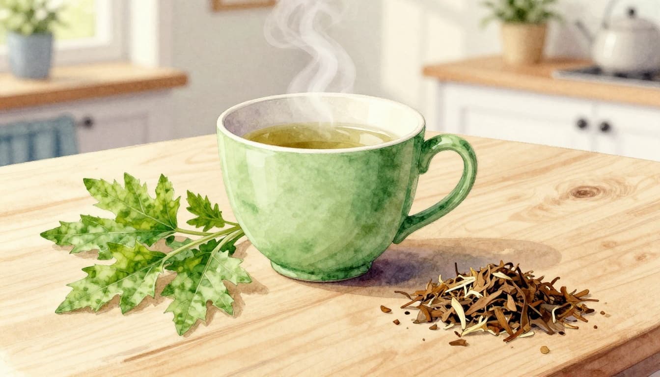 Junge frische Brennnesselblätter und getrocknete Blätter neben einer Tasse hellgrünem Brennnesseltee mit aufsteigendem Dampf auf einem rustikalen Holztisch in einer sonnigen Küche, Aquarellstil mit weichem Pinselstrich.