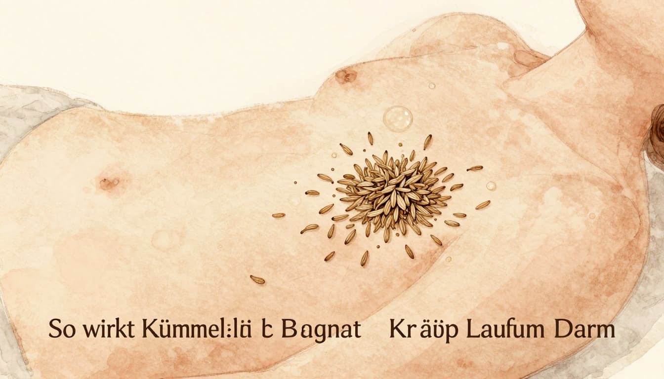 Watercolor illustration of caraway seeds and subtle oil drops on a soft, relaxed human abdomen, with soft blending, visible brush texture, muted earth tones, and gentle lighting to represent the relaxing effect on stomach cramps.