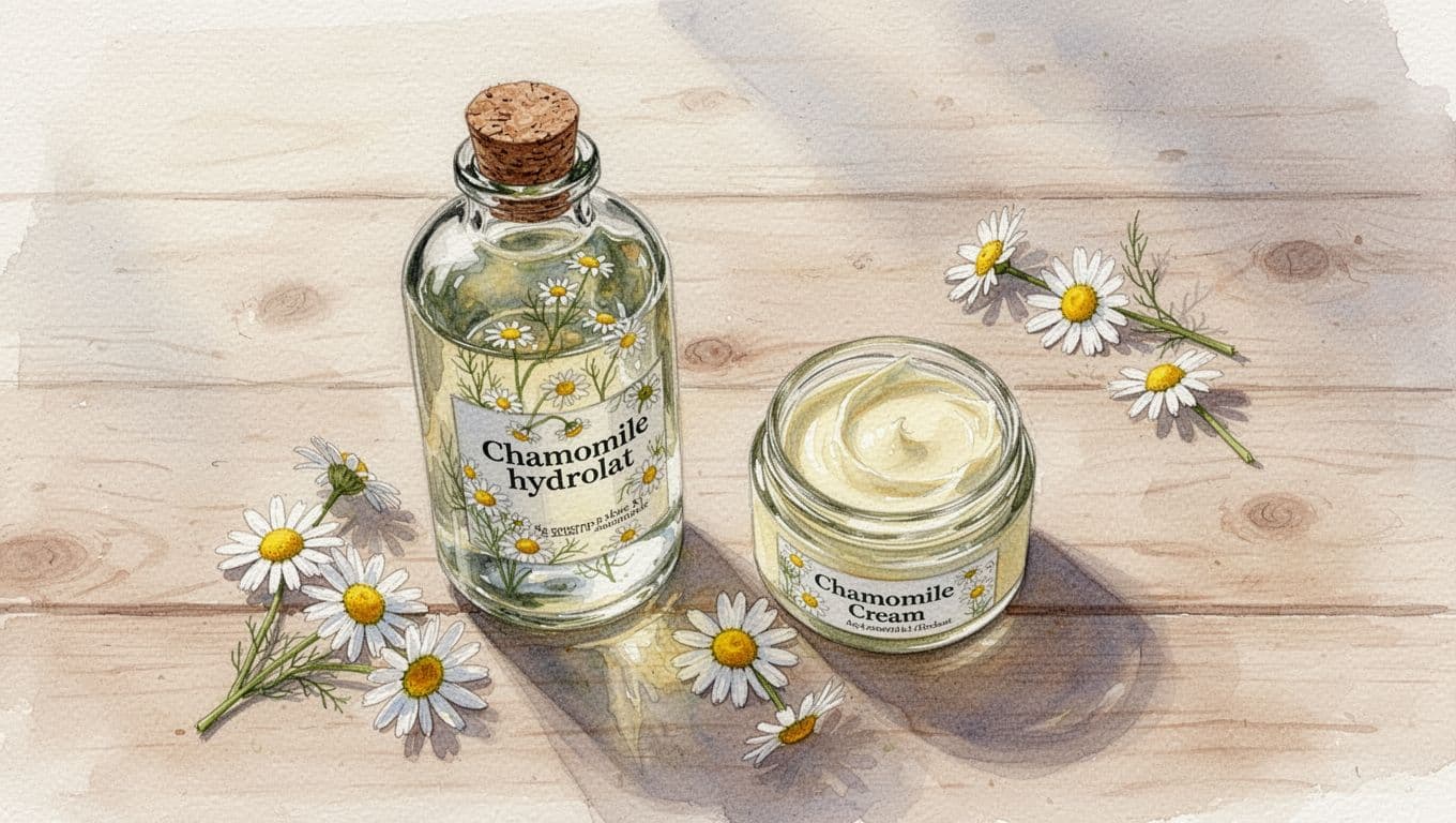 Simple top-down watercolor arrangement of a clear glass bottle of chamomile hydrolat, small jar of bio chamomile cream on light wooden surface, with scattered fresh chamomile flowers, soft natural light.