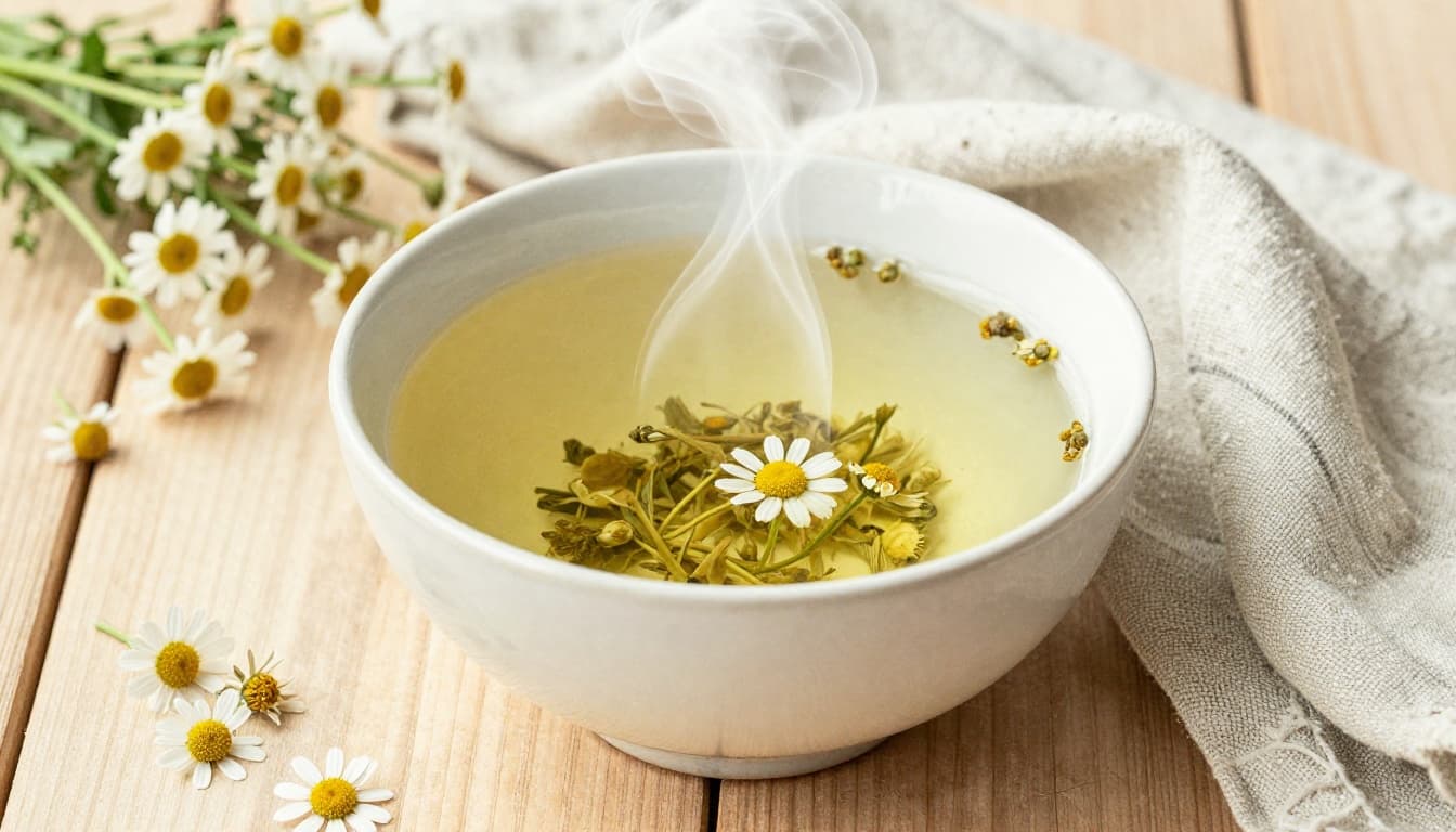 Simple ceramic bowl with steaming chamomile tea on a wooden table, fresh chamomile flowers and linen towel nearby, soft steam rising in a rustic kitchen with diffused light, watercolor style.
