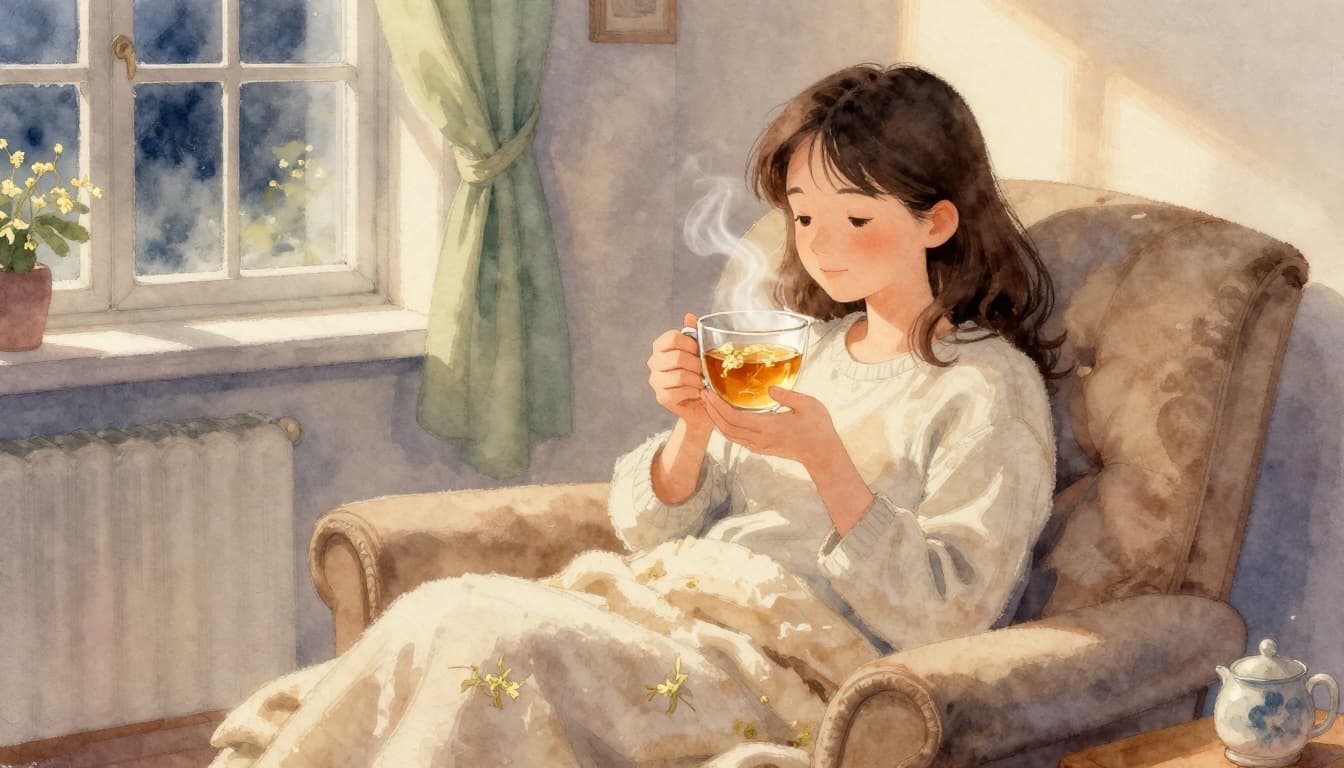 A relaxed adult sits in a cozy armchair in a warmly lit living room, holding a large mug of steaming linden flower tea close to their face with a blanket over their lap. Watercolor style featuring soft blending, visible brush texture, and soft evening light from the window.