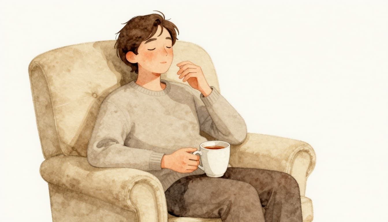 Eine Person sitzt entspannt in einem gemütlichen Sessel, hält locker eine Tasse Pfefferminztee, Augen geschlossen, Schultern locker, in einem warmen Raum mit weichem Licht. Watercolor-Stil mit weichem Blending und sichtbarer Pinseltextur in heller Palette.