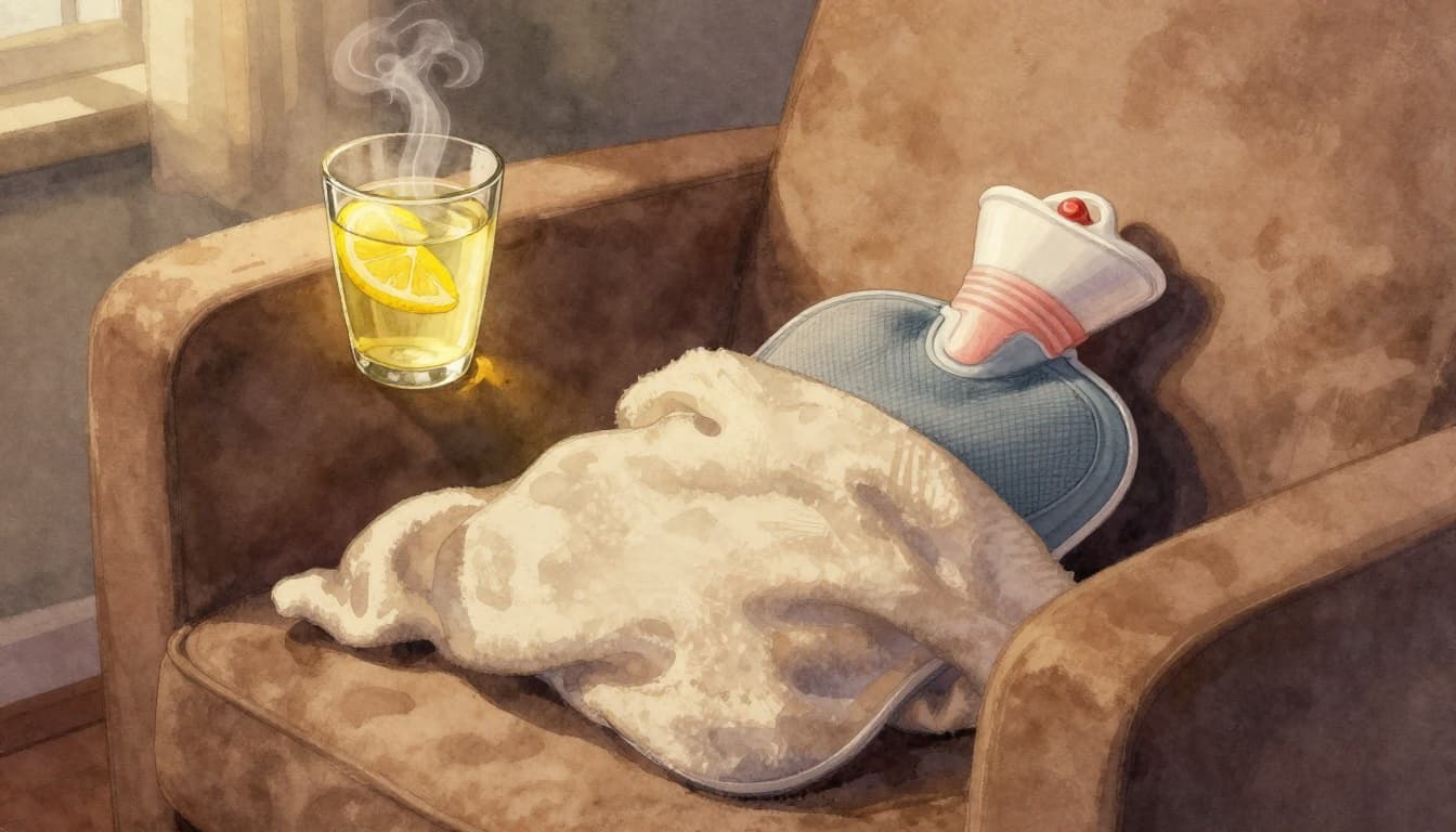 Hot water bottle on a soft blanket over lap in armchair with nearby glass of steaming lemon water and slice, in cozy living room corner with warm lamp glow, watercolor style.