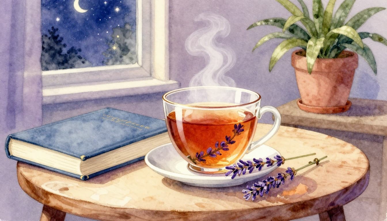 A steaming cup of lavender tea sits on a round wooden table in a cozy living room, next to an open book under a warm floor lamp, with a starry night sky visible through the window, all in soft watercolor style with lilac, blue, and gold tones.