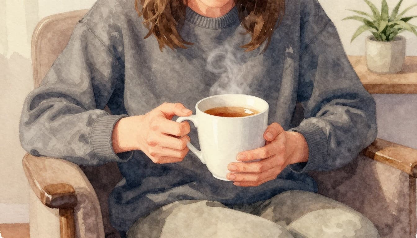 A person relaxes in a recliner in a cozy living room at evening, holding a steaming cup of tea with both hands, eyes closed in bliss under soft lamp light. Watercolor style features soft blending, visible brush textures, gentle greens, warm yellows, and muted shadows.
