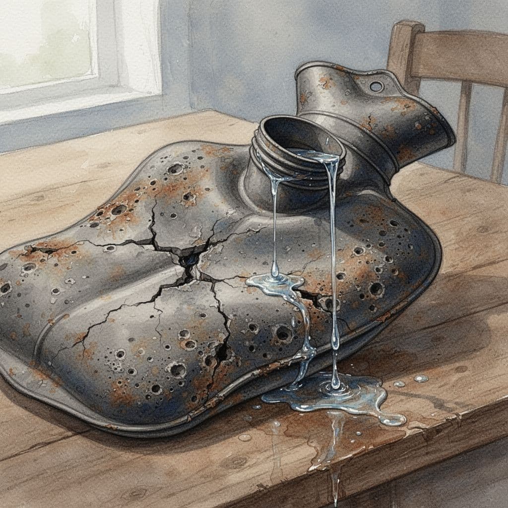 Watercolor close-up of an old, worn-out rubber hot water bottle with cracks, porous material, and slight water drip from the open cap on a wooden table, in muted earth tones with soft blends and brush texture.