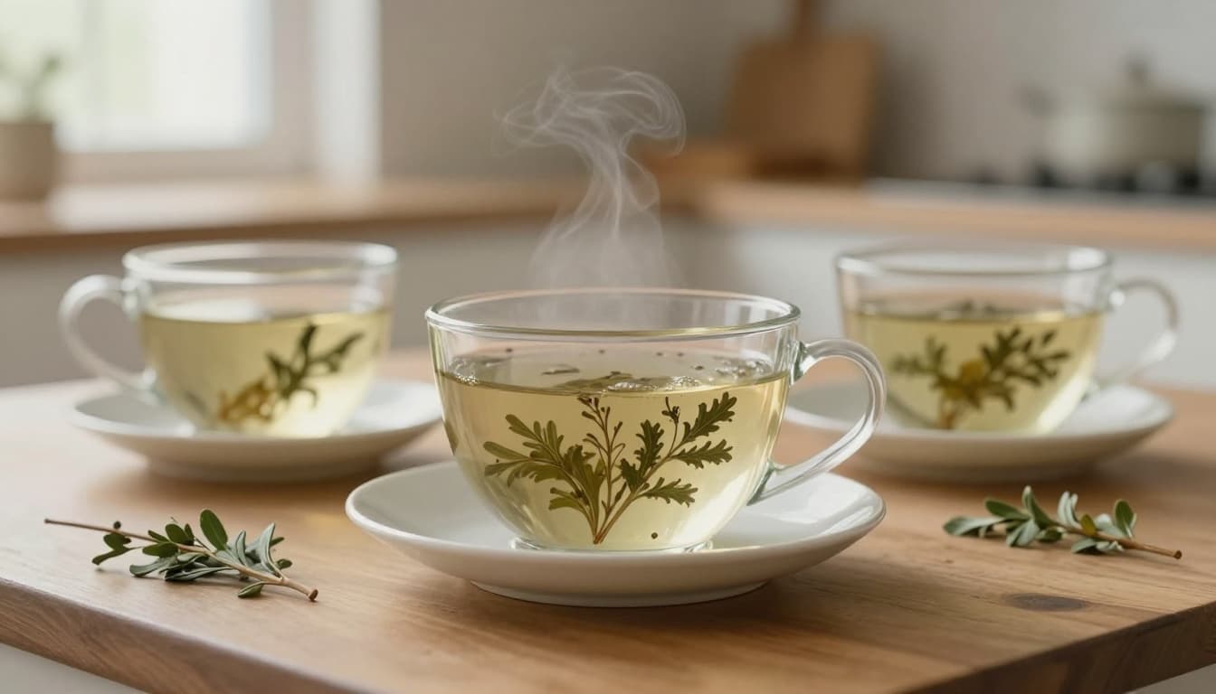 Eine Tasse dampfenden Frauenmanteltees auf einem Holztisch in einer gemütlichen Küche, daneben getrocknetes Frauenmantel-Kraut und Teekanne in Nahaufnahme mit Wasserfarben-Stil, pastelligen Farben und weichem natürlichem Licht.