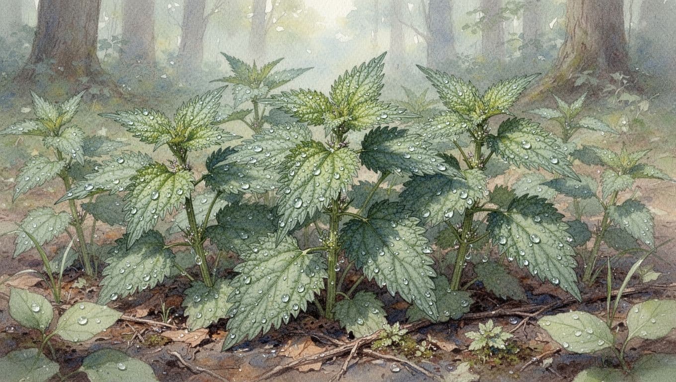 A close-up view of a dense group of stinging nettle plants in a moist forest floor, featuring green serrated leaves and stems glistening with dew drops. Rendered in watercolor style with soft blending, visible brush textures, dappled woodland light, and gentle pastel tones.