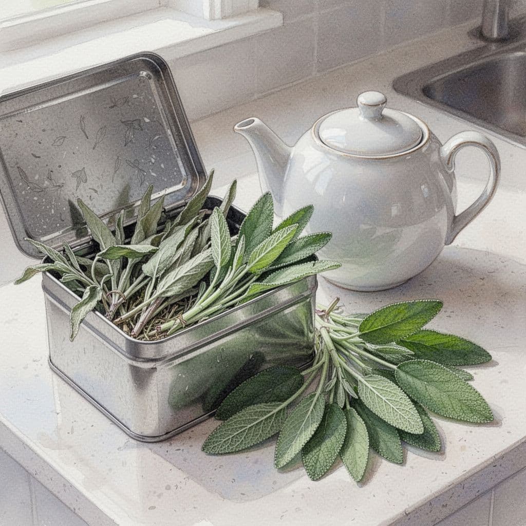 Dried sage leaves in an open jar next to fresh leaves and a teapot in a simple kitchen with bright light, watercolor style focusing on leaf textures.