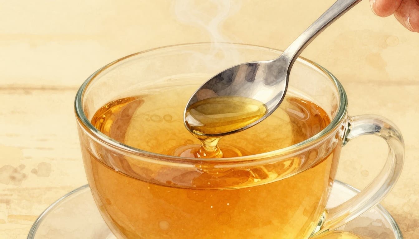 A golden spoon with dripping honey positioned over a cup of steaming herbal tea on a warm wooden table, softly lit by candlelight in the background. Watercolor style with soft blending, visible brush texture, and warm golden lighting, focusing on honey and steam as a natural cough remedy.