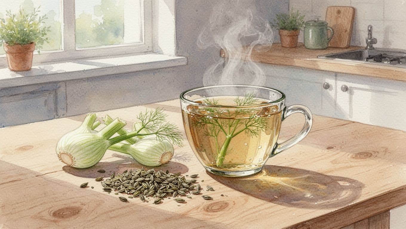 Whole and crushed fennel seeds beside a steaming cup of fennel tea on a light wooden table.