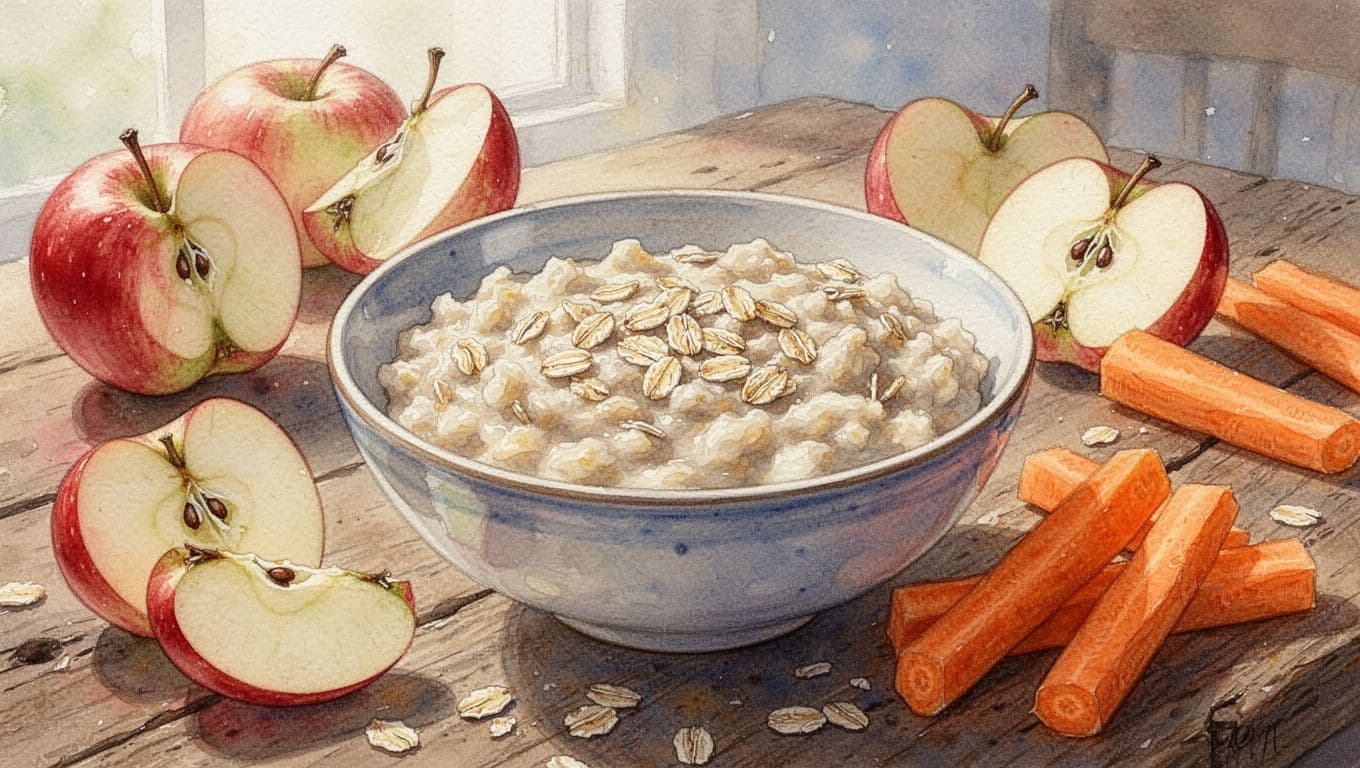 Watercolor-style bowl of oatmeal on a breakfast table surrounded by fiber-rich fruits like apples and vegetables like carrots, featuring soft blending and visible brush textures.