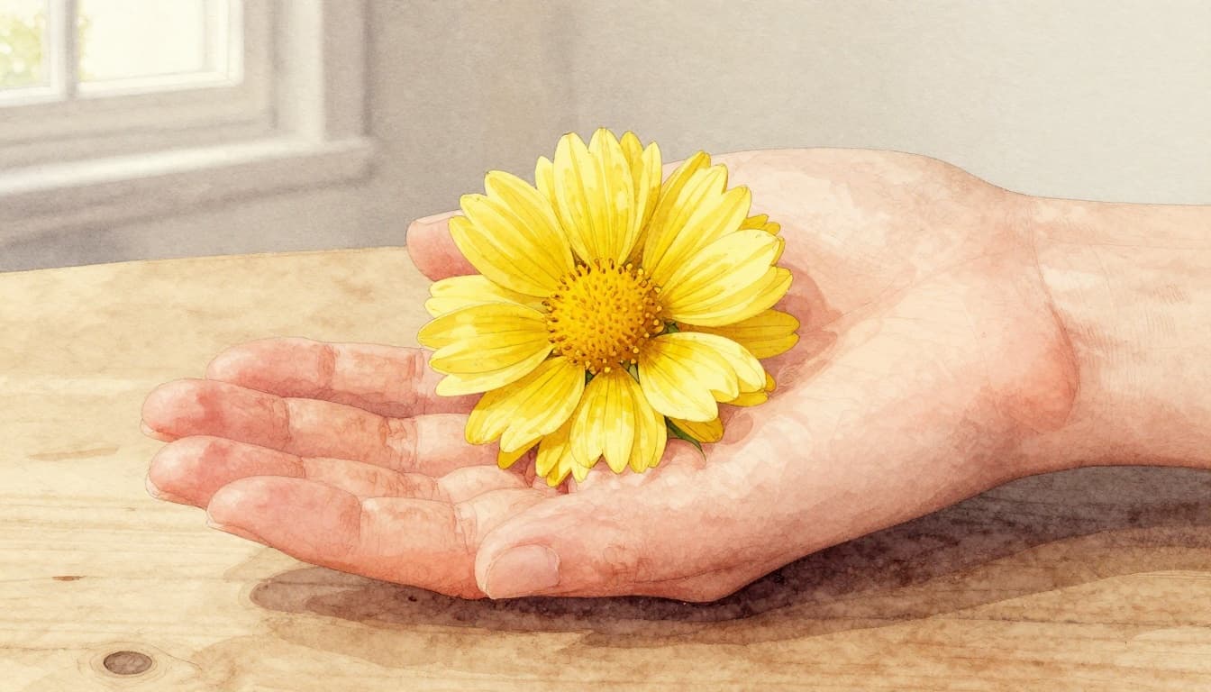 Fresh calendula flowers on a rustic wooden table illuminated by soft natural light from a window, next to a single hand showing dry, cracked skin, in watercolor style with soft blending, visible brush texture, and warm neutral tones.