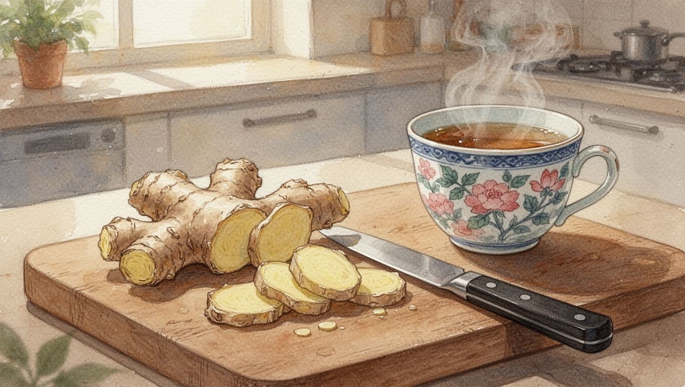 Thin slices of fresh ginger root on a cutting board in a sunny kitchen, next to a steaming cup of tea and pot of hot water, in watercolor style with warm earth tones.