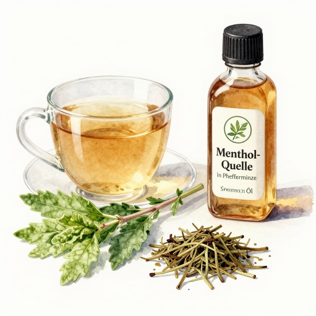 Fresh peppermint leaves and a small bottle of peppermint oil next to a cup of tea on a table, natural light, focus on plant and products. Watercolor style with soft blending and visible brush texture, consistent light palette.