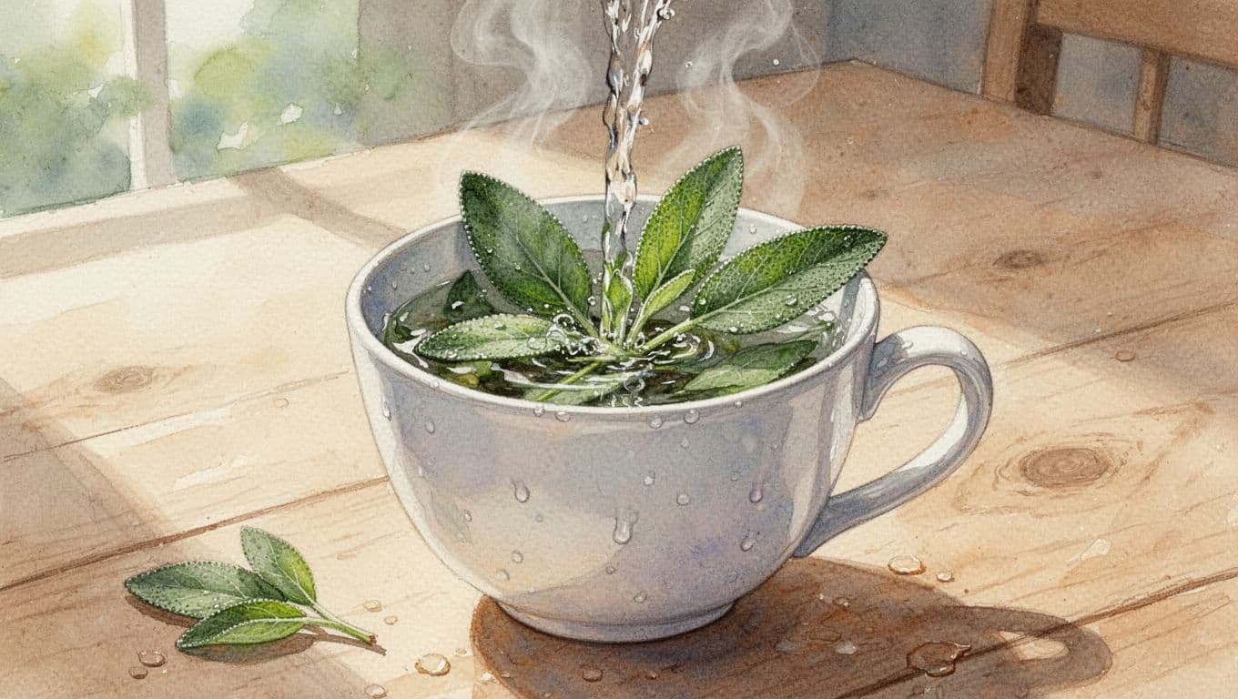 Frische grüne Salbeiblätter in einer Porzellantasse mit kochendem dampfendem Wasser übergossen, auf hellem Holztisch in natürlichem Licht, Aquarellstil mit weichem Pinselstrich.