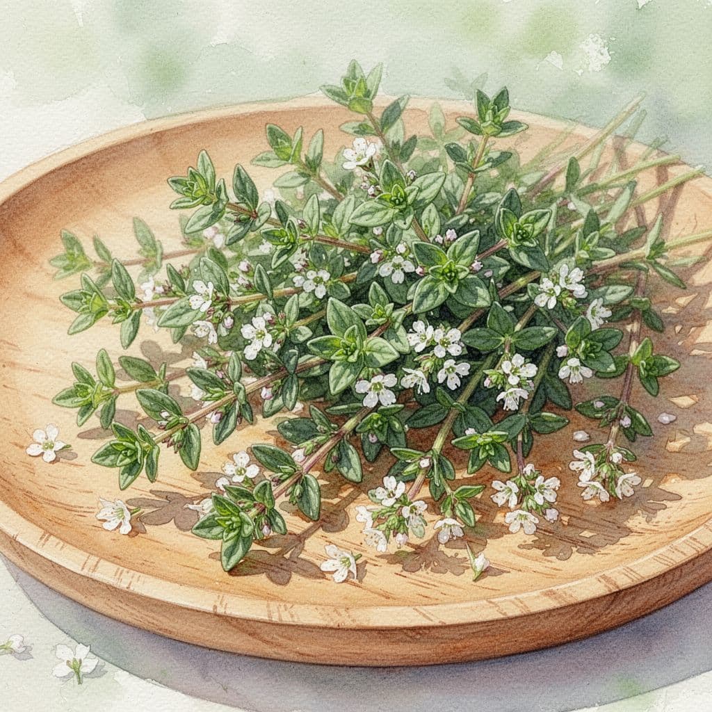 Close-up of fresh thyme leaves and flowers on light wooden plate in watercolor style.