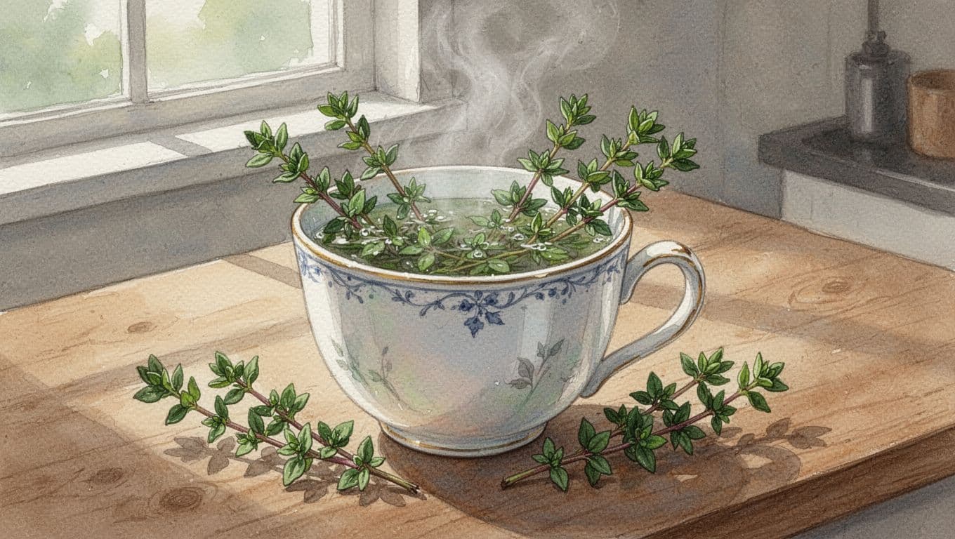 Fresh thyme branches steep in a porcelain cup of hot steaming water on a wooden kitchen table with soft daylight.
