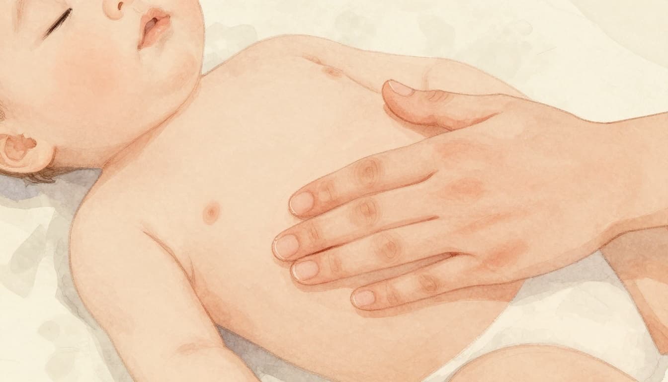 A single gentle hand softly applies very diluted oil to a baby's tummy in light circular motions in a peaceful nursery, watercolor style with soft blending, brush texture, muted earth tones, and pastel lighting.