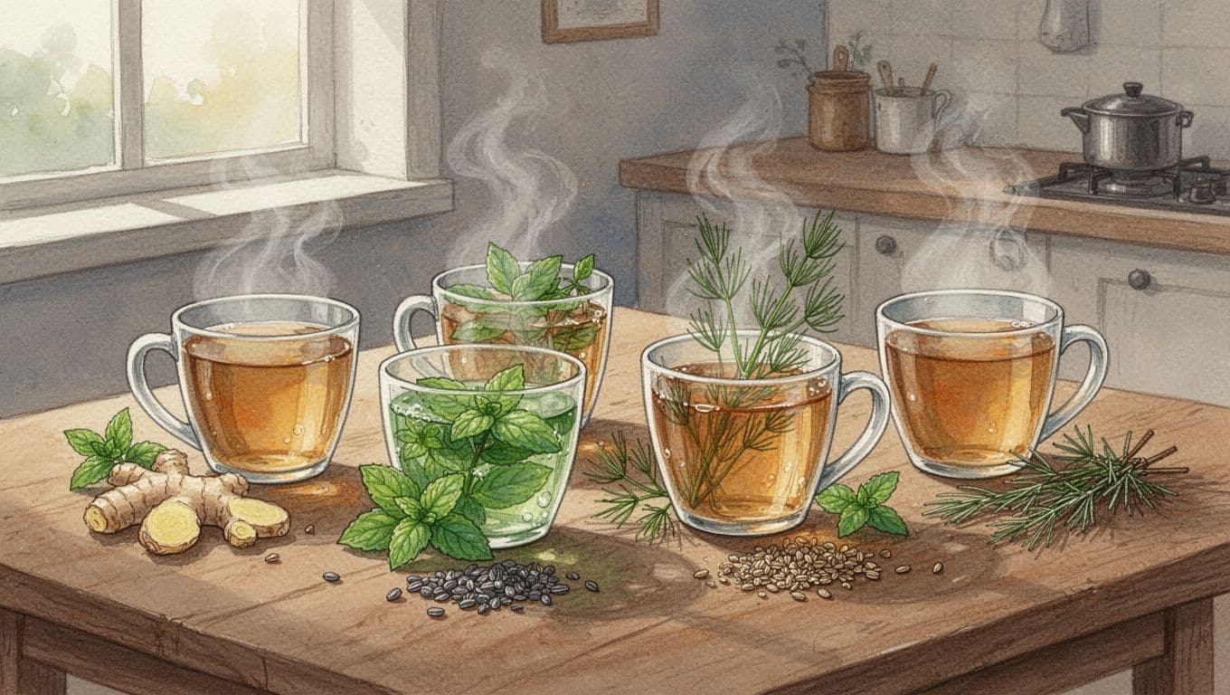 Arrangement of steaming cups of ginger, peppermint, fennel, and caraway teas with fresh herb sprigs and seeds on a wooden table in a cozy kitchen, watercolor style with soft morning light.