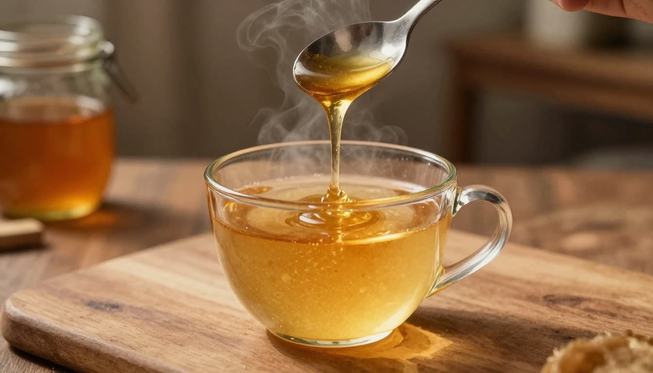 Golden honey drips from a spoon into a steaming cup of warm milk on a wooden bedside table in a softly lit bedroom at night, evoking a cozy atmosphere. Watercolor style with soft blending, brush texture, and warm lighting, ideal for visualizing a simple cough remedy.