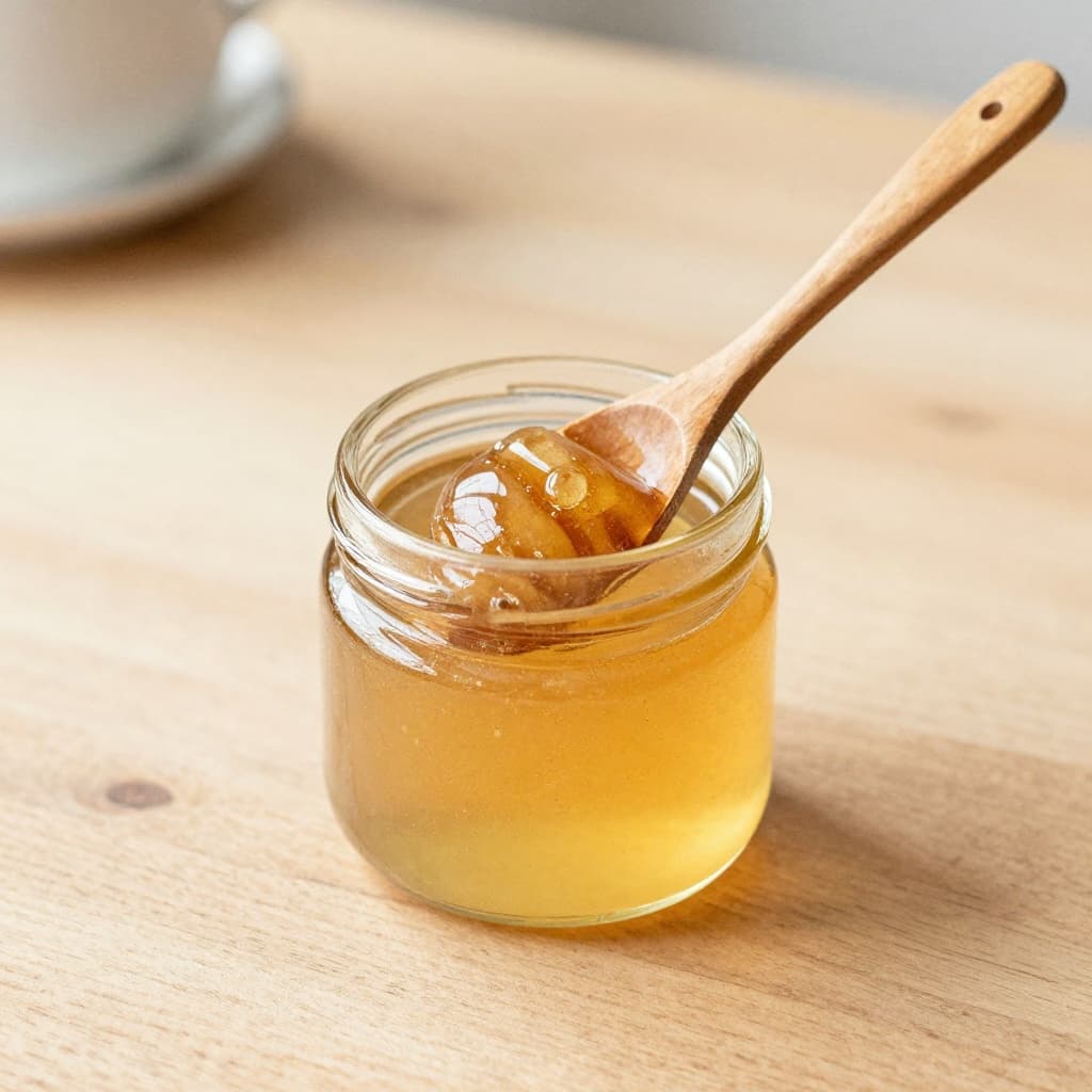 A close-up watercolor-style image of a small glass jar of golden honey with a wooden spoon holding a dollop, on a light wooden table in a cozy kitchen with soft morning light.
