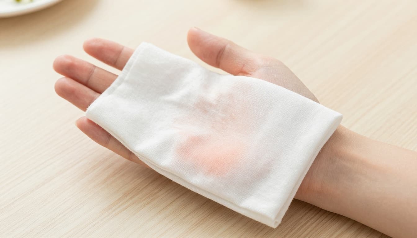 A relaxed hand gently places a soft white cloth soaked in chamomile infusion onto mildly irritated forearm skin, captured in a close-up watercolor style with soft blending and natural light in a simple home setting.