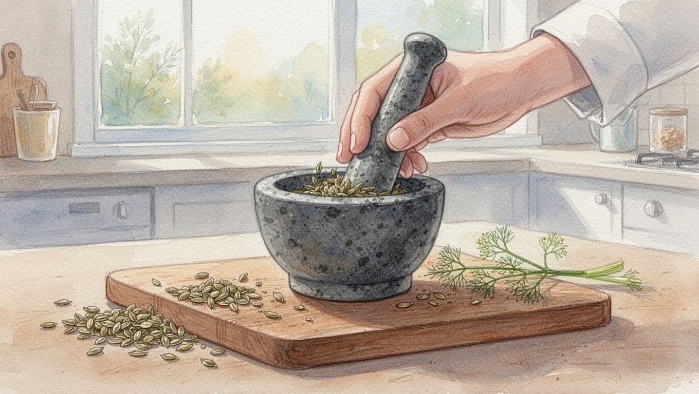 Watercolor close-up of hand grinding fennel seeds in mortar on wooden board, whole seeds nearby in morning light.