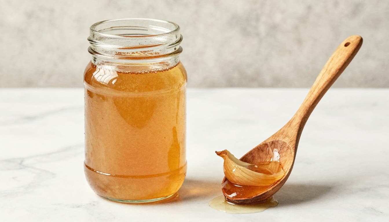 Clear glass jar filled with golden homemade onion syrup from sugar or honey, wooden spoon dipping slightly nearby, on white marble surface with soft morning light, in watercolor style with soft blending.