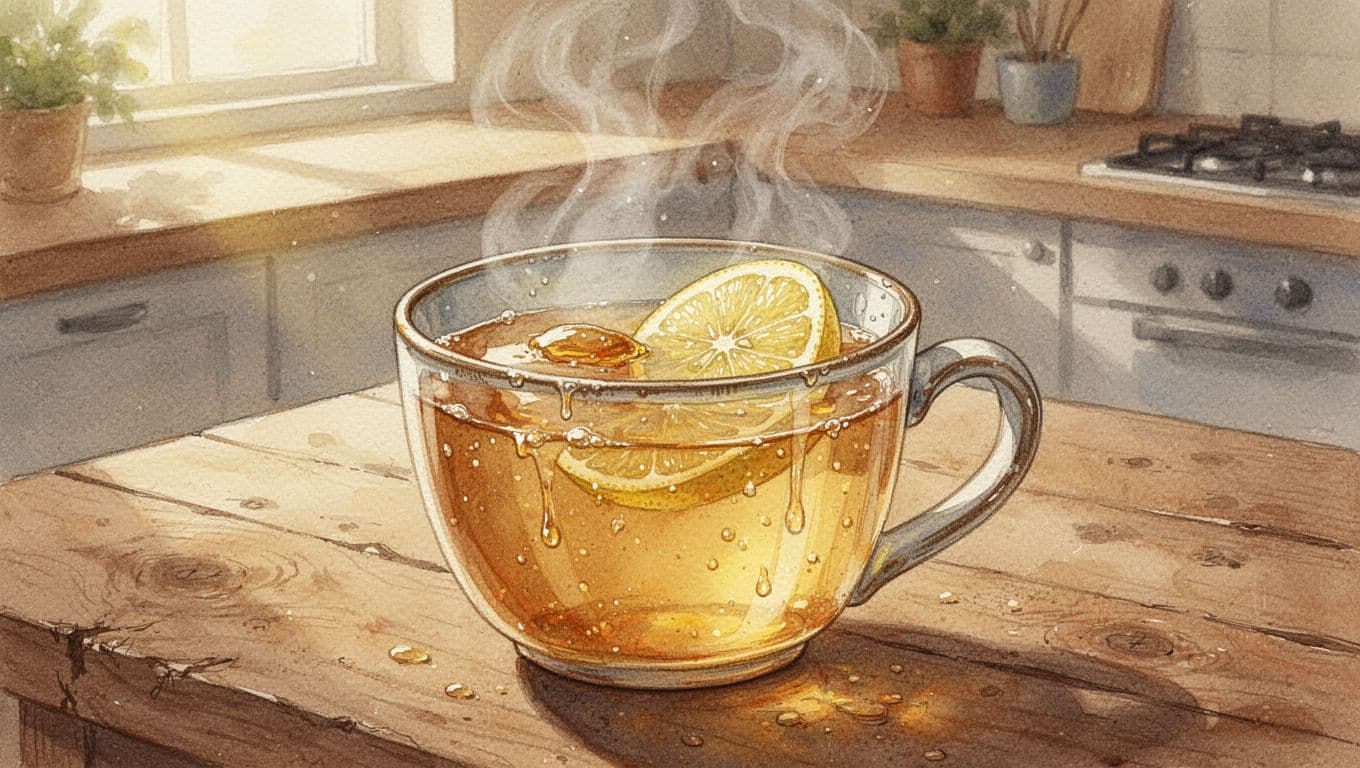 Close-up watercolor of cup with honey, lemon slice, and steaming water on rustic wooden table.