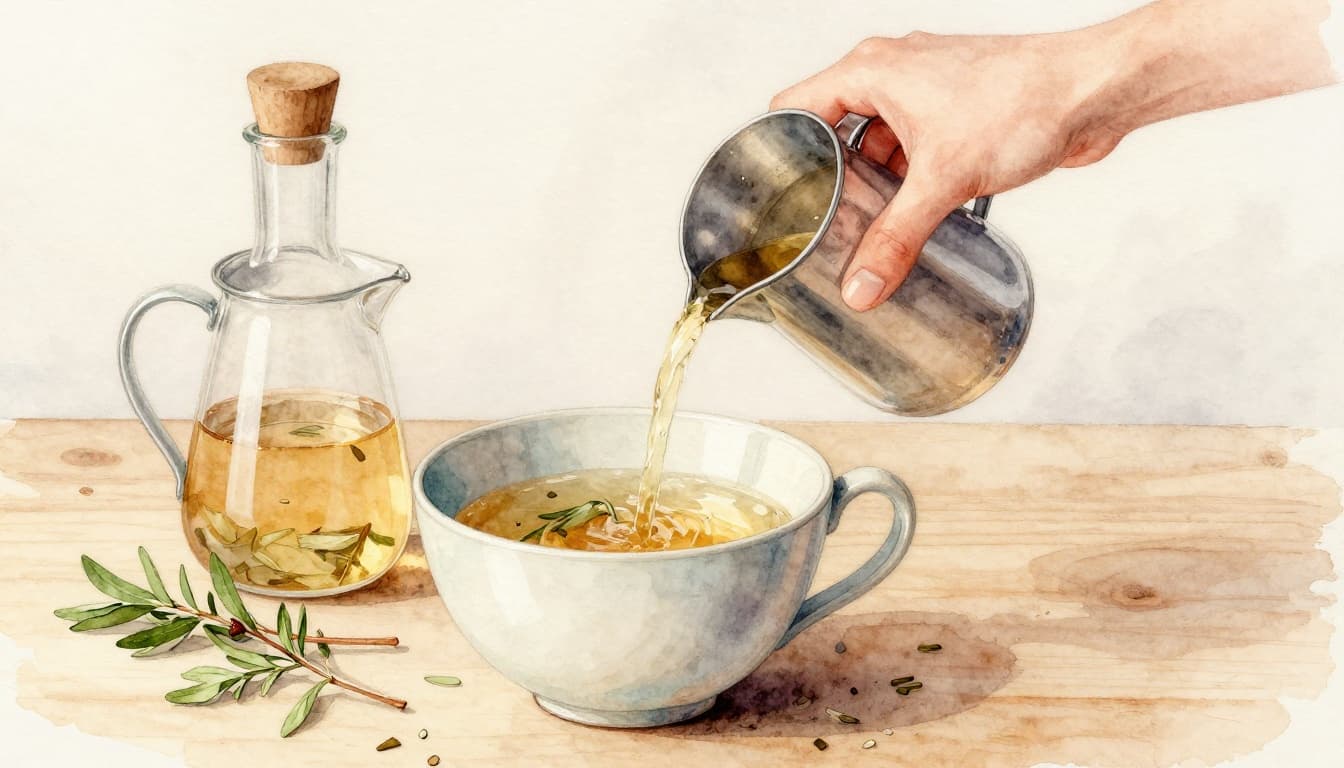 In a bright kitchen on a wooden table, a relaxed hand pours steaming water from a kettle into a porcelain cup filled with fresh or dried lemon balm leaves, captured in watercolor style with soft blending, visible brush texture, and a palette of gentle greens and warm beiges.