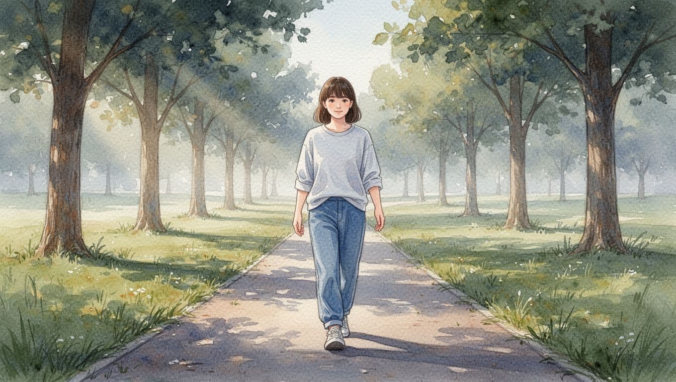 Person walking relaxed on a park path in soft morning light, wearing comfortable clothes, in watercolor style with gentle blending and brush textures, exactly one person.