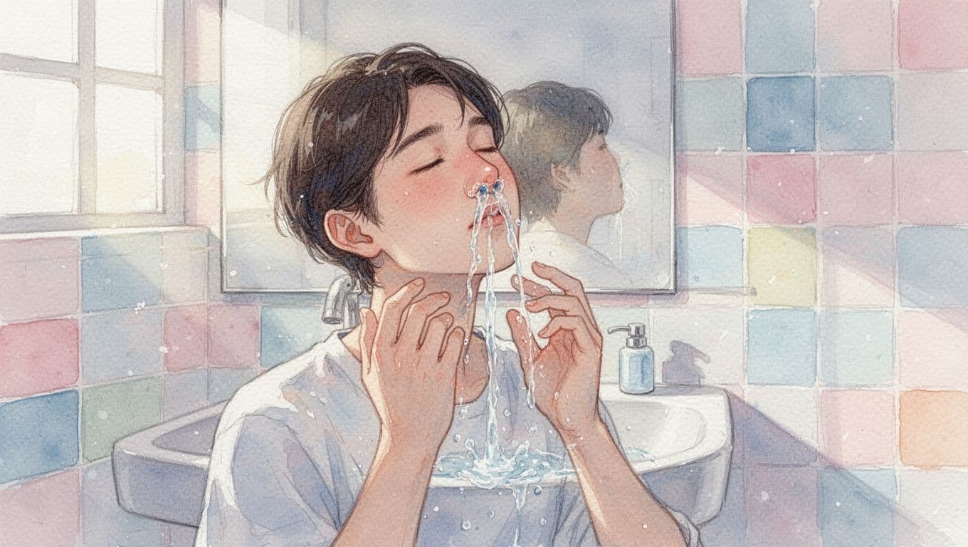 Person tilts head sideways over sink with water flowing from nose.