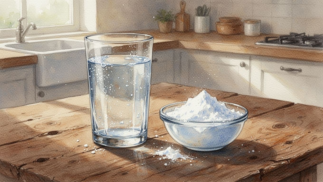 Glas mit Natronwasser neben Schale Natronpulver auf rustikalem Holztisch in sonniger Küche, Aquarellstil mit warmer Erdtöne.