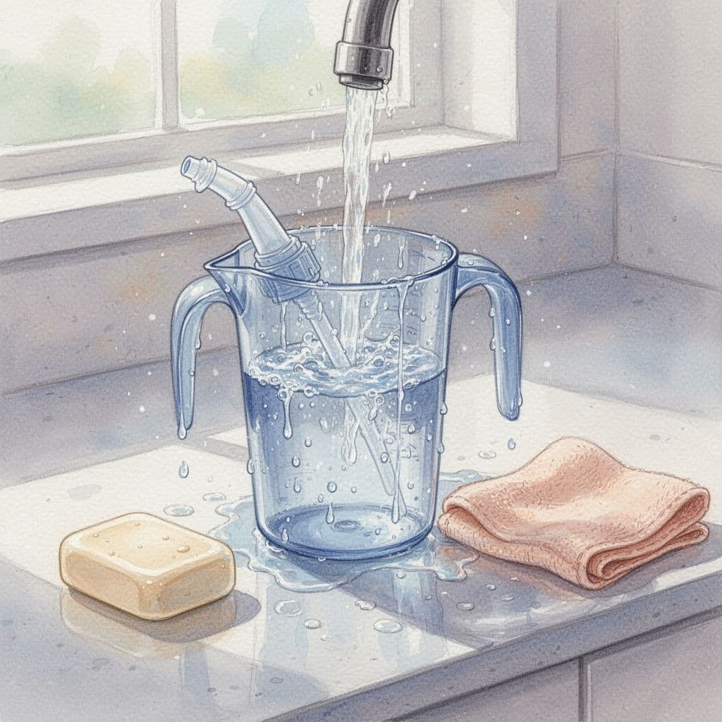 Neti pot rinses under flowing warm water with soap and cloth nearby.