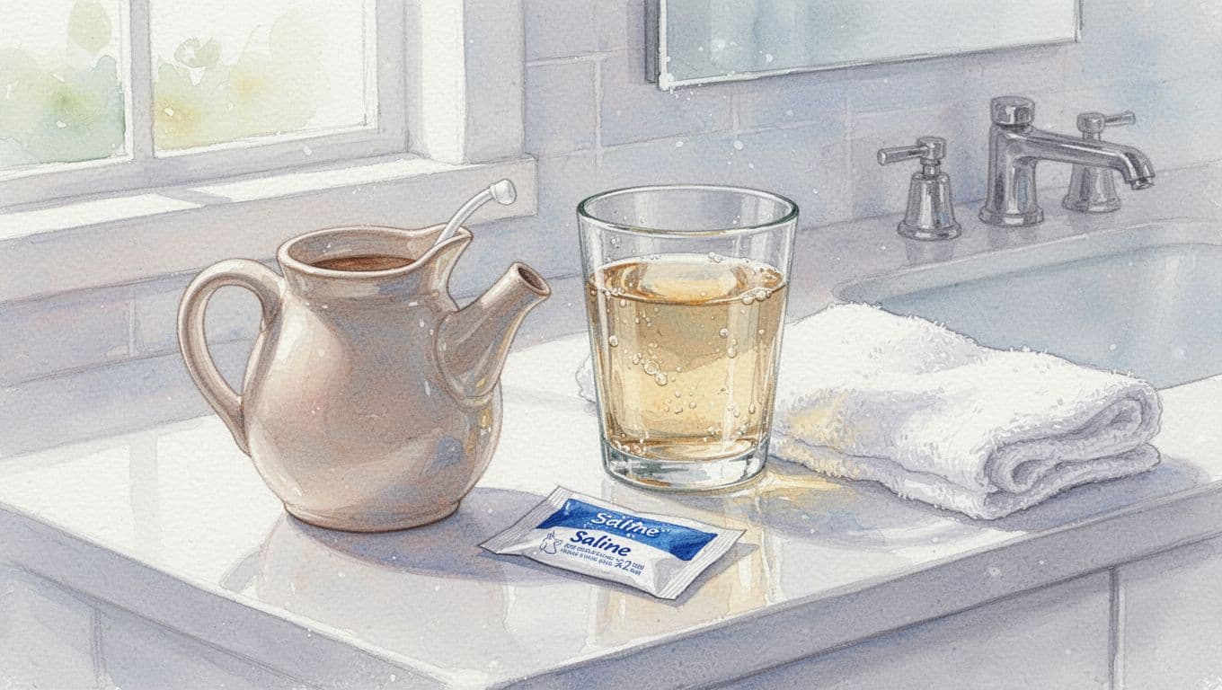 Ceramic neti pot beside glass of boiled water, nasal salt packet, and clean towel on light bathroom table.