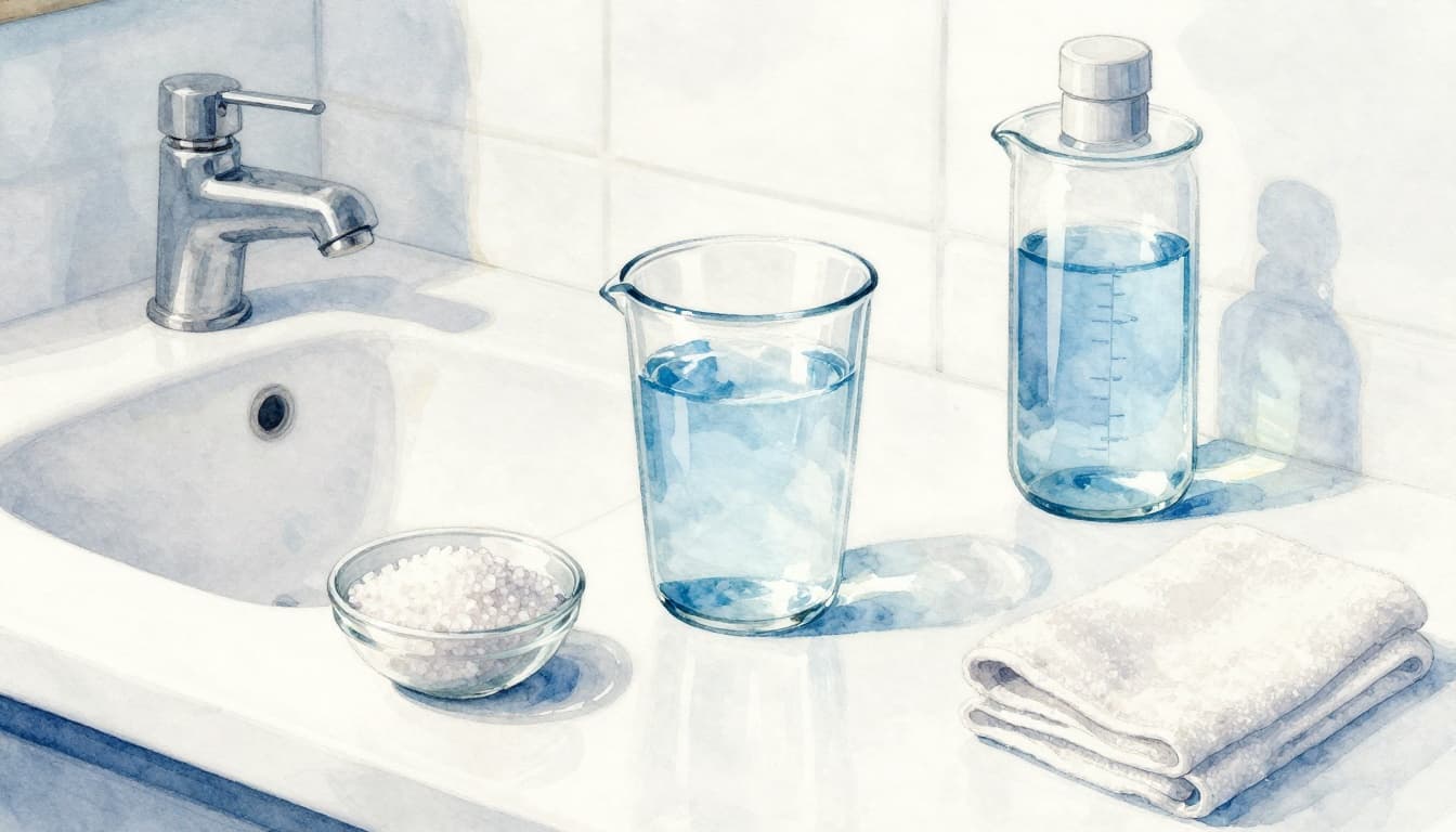 Watercolor illustration of a clean glass neti pot filled with clear saline solution next to sea salt and lukewarm water on a white bathroom sink counter, with a folded towel nearby.