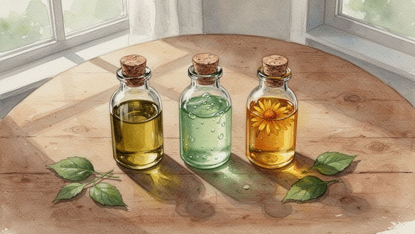 Three glass bottles of olive oil, aloe vera gel, and calendula oil on wooden surface with green leaves, watercolor style.