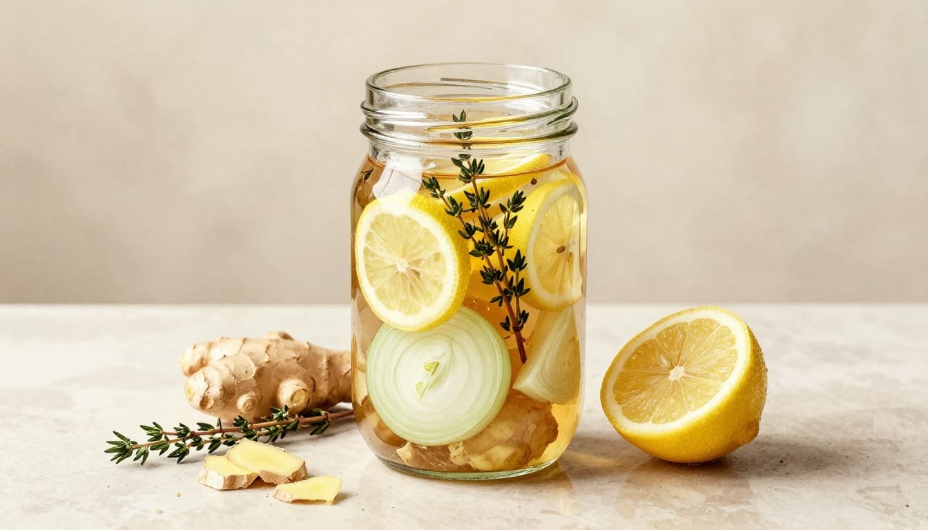 Watercolor illustration of a glass jar filled with sliced onions, grated ginger pieces, thyme sprigs, and lemon slices layered with honey on a kitchen counter with soft light.