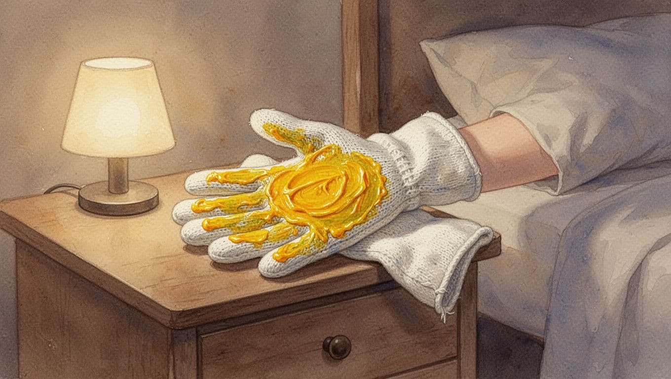 Zwei Hände mit dicker Schicht Ringelblumensalbe in weichen weißen Baumwollhandschuhen auf einem Nachttisch neben dem Bett, beleuchtet von gedämpftem Nachtlicht im Aquarellstil.