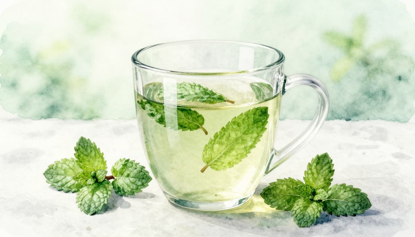 A watercolor painting of a clear glass mug filled with fresh peppermint tea and floating mint leaves, on a light stone surface next to green mint sprigs, illuminated by soft diffused daylight.