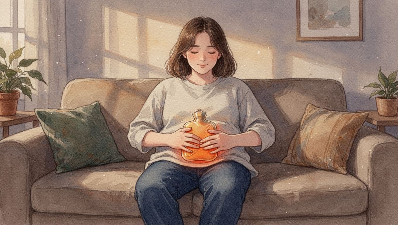 Person sitting relaxed on sofa applying warm water bottle to belly in living room with evening light, watercolor style featuring soft blending, earthy palette, and brush texture.