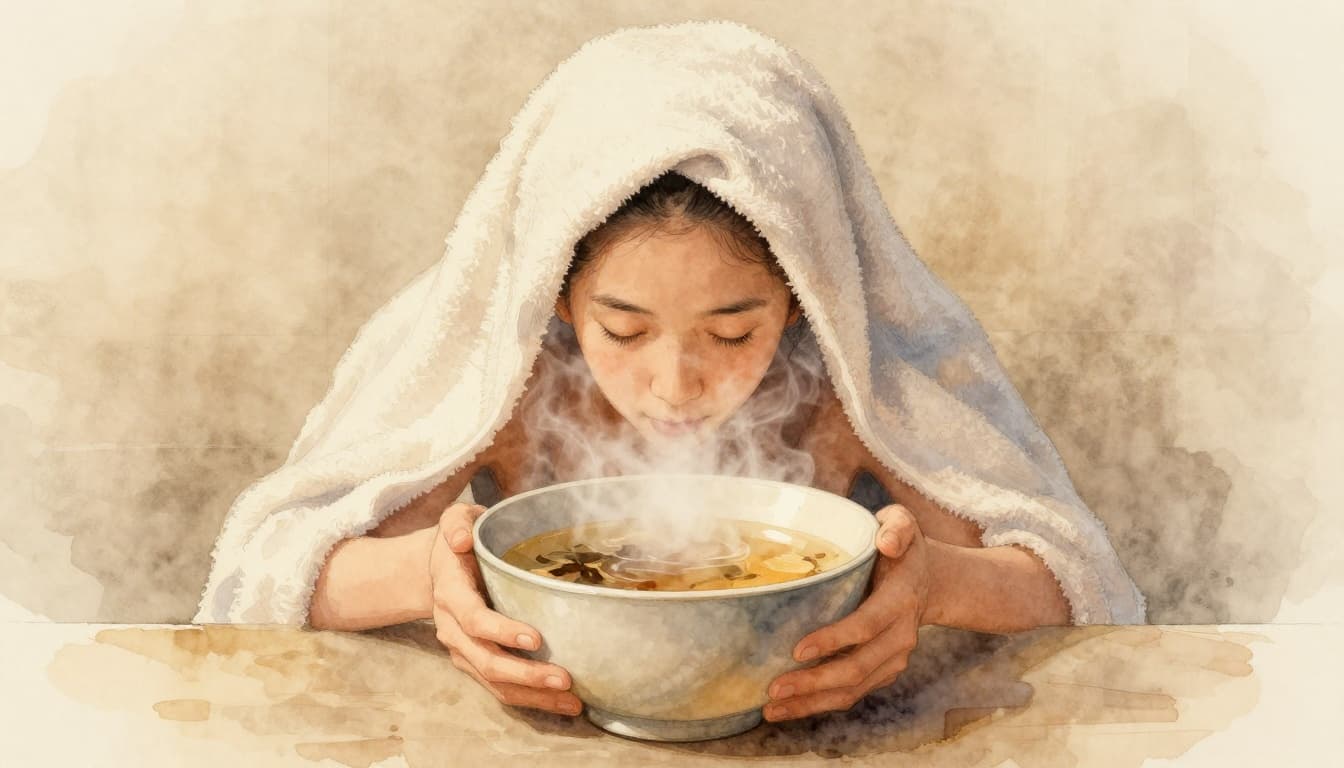 A relaxed person inhales gentle steam from a large bowl of hot herbal water, towel draped over their head in a simple steamy bathroom. Watercolor style with soft blending, warm golden lighting, and muted earthy tones.