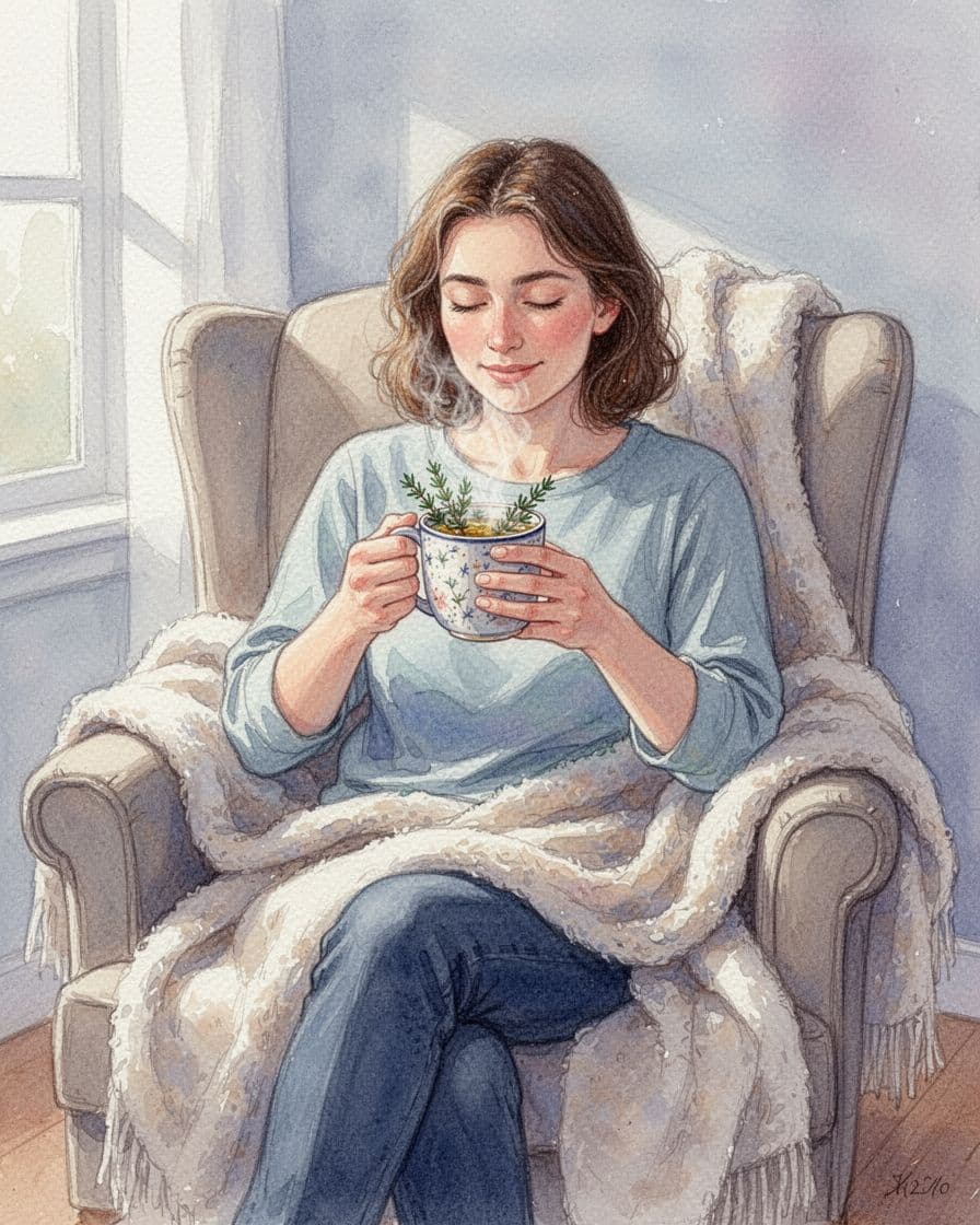 Person with relaxed face sips warm thyme tea from cup, sits in armchair with blanket, soft watercolor style with brush texture.