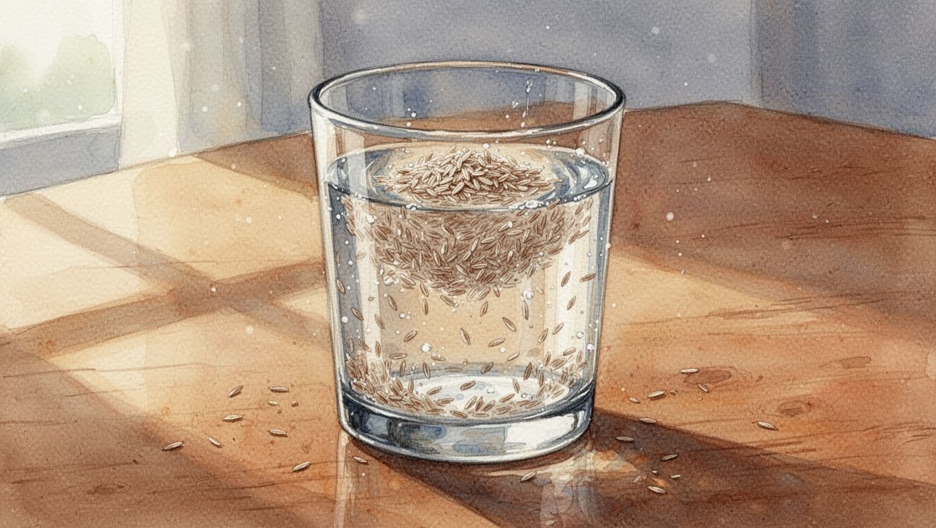 A close-up of psyllium husks (Flohsamenschalen) swelling in a glass of water on a wooden table, rendered in watercolor style with soft morning light, blending, and visible brush texture.